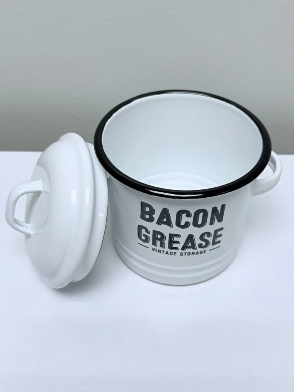 Bacon Grease Vintage White Metal Storage Canister - White w/ Black Letters, New